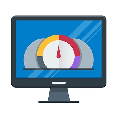 Illustration of a computer monitor displaying a speedometer gauge with multicoloured sections and a red needle pointing to the centre, representing performance or speed measurement.