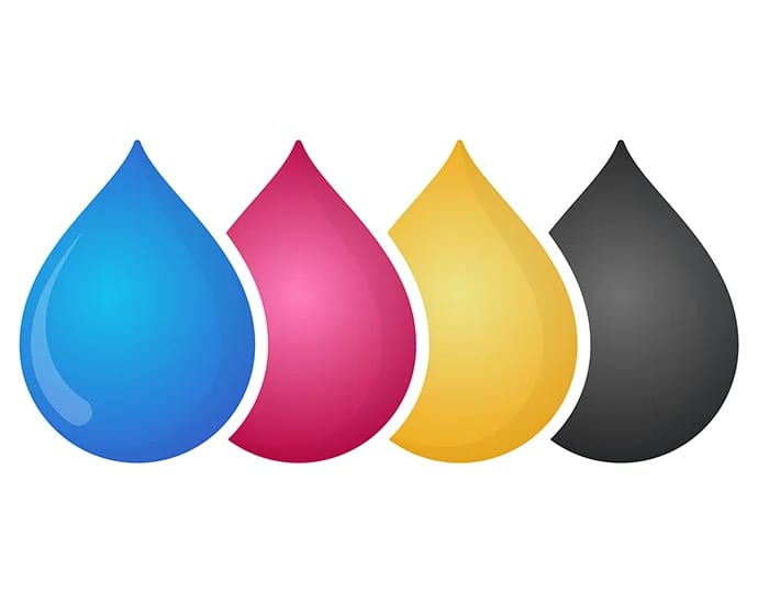 Four large water drop shapes arranged side by side, coloured Cyan, Magenta, Yellow, and Black, representing the CMYK colour model on a white background.