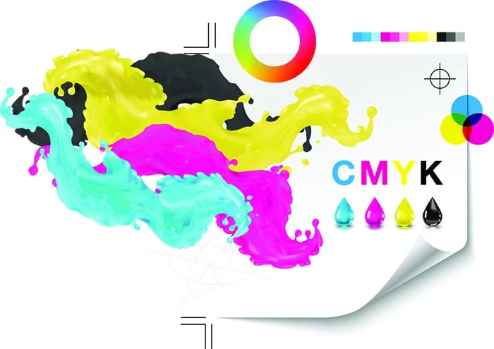 Abstract splashes of cyan, magenta, yellow, and black paint flow across a white background. CMYK colour drops and text appear on the right, with colour circles and printer crop marks also visible.