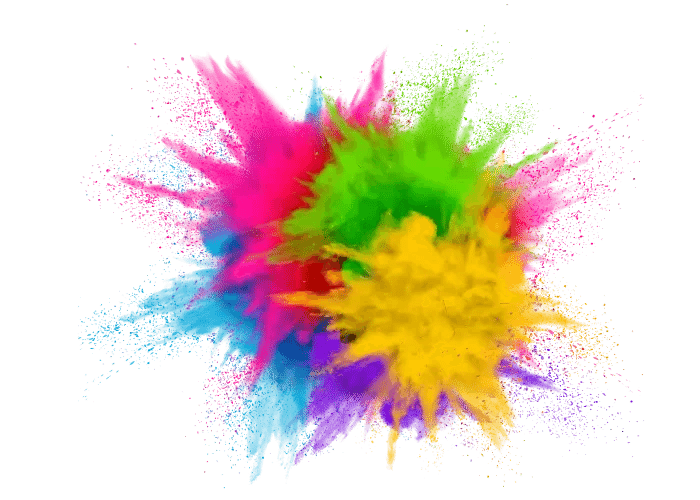 A vibrant burst of colourful powder clouds, featuring bright yellow, green, pink, blue, and purple hues radiating outward on a white background.
