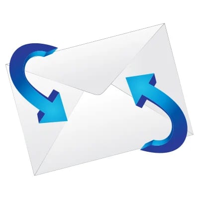 A white envelope with two blue curved arrows forming a loop around it, suggesting the concept of sending or exchanging messages or post.