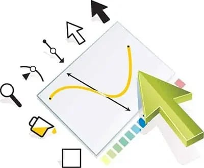 A digital illustration of graphic design tools, including a magnifying glass, colour palette, paint bucket, selection cursors, and a Bézier curve on a white canvas with a large green arrow pointing to it.