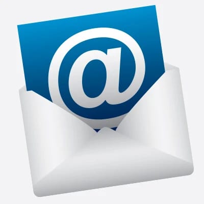 A white envelope with a blue card inside featuring a large white @ symbol, representing an email or electronic message.