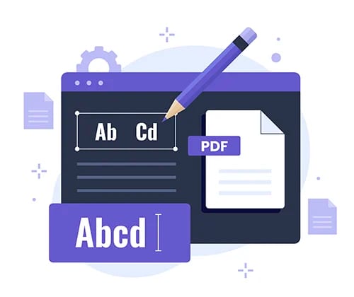 Illustration of a computer interface showing text editing tools, a pencil, a document labelled PDF, and font style options, representing PDF text editing or font customisation.