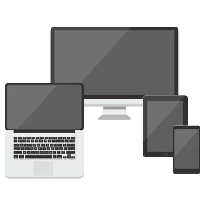 Illustration of four digital devices: a desktop monitor in the back, a laptop in front of it, and a tablet and mobile phone standing next to each other on the right. All screens are blank.