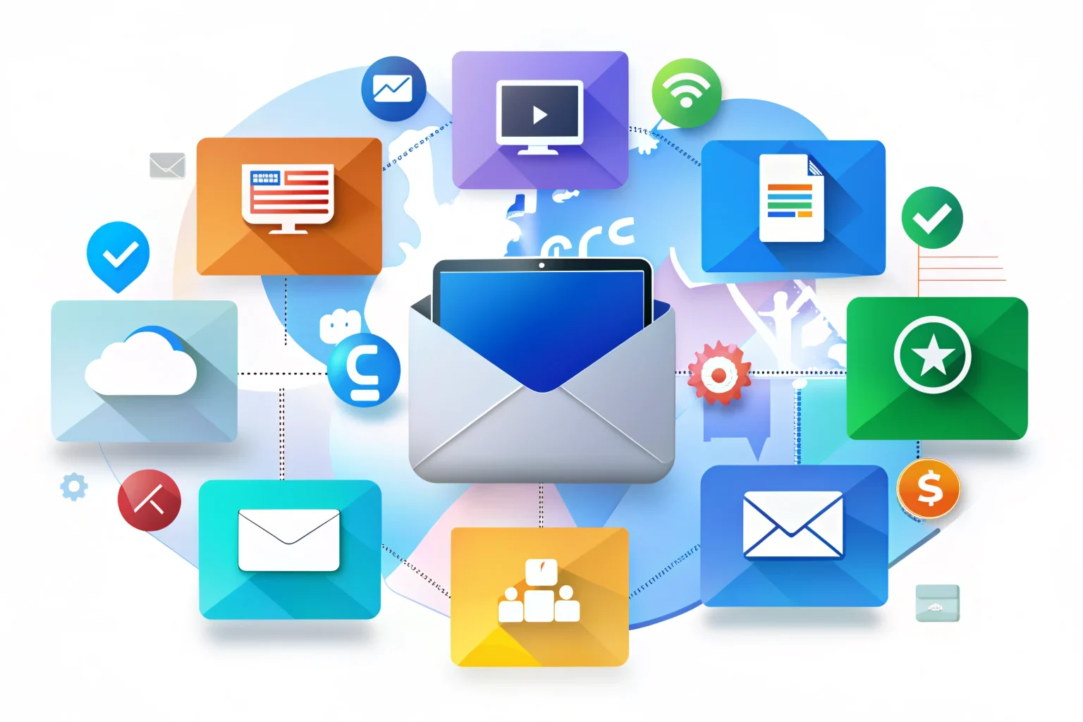 Illustration of a central envelope icon surrounded by colourful digital icons representing emails, cloud storage, documents, messaging, video, and networking on a world map background, symbolising digital communication.