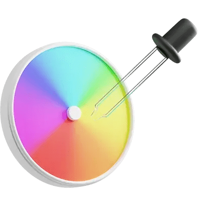 A colour wheel with a gradient of rainbow hues and a black dropper tool pointing towards it, representing colour selection or sampling.