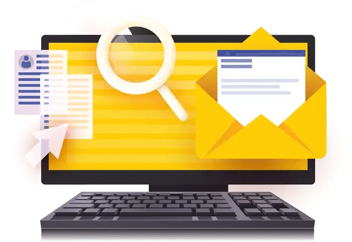 Illustration of a computer monitor and keyboard displaying documents, an envelope with a letter, a magnifying glass, and a cursor, symbolising online document search and email communication.