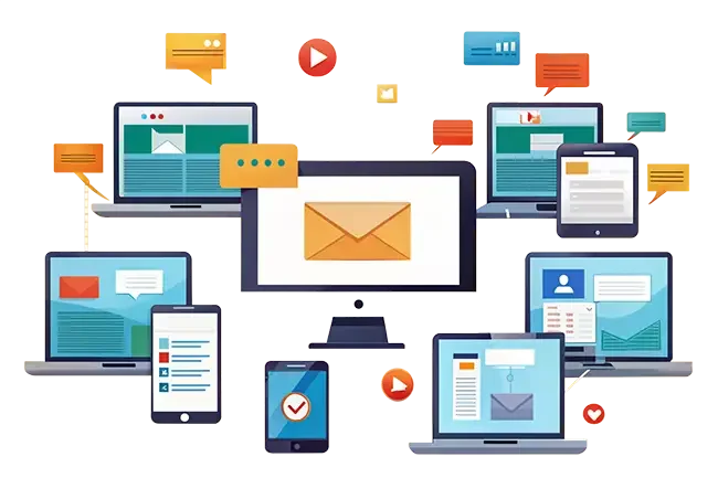 Illustration of various devices including computers, tablets, and mobile phones displaying email icons and chat bubbles, representing digital communication and email connectivity across multiple platforms.