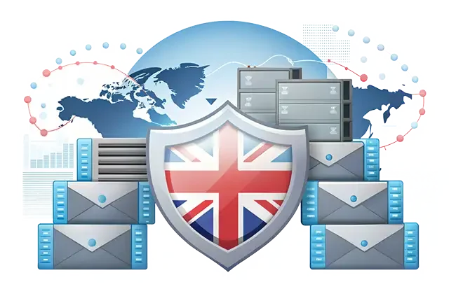 A digital illustration of servers and data storage units surrounding a shield with the UK flag, set against a world map and blue globe, symbolising data protection and cyber security in the UK.