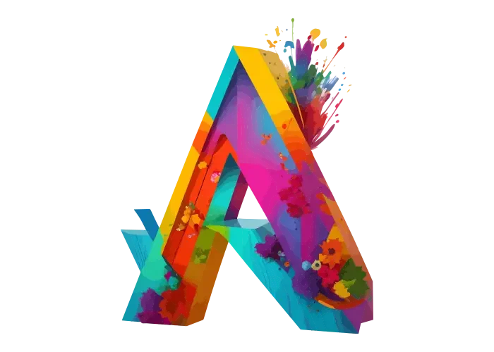 A large, colourful letter A decorated with vibrant paint splashes and flowers, blending shades of pink, orange, yellow, blue, and green on a white background.