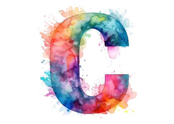 A large letter C filled with vibrant watercolour textures in shades of blue, green, red, orange, and pink, with colourful splashes extending outward from the edges.