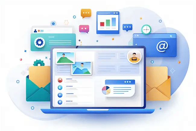 Illustration of a laptop with various digital communication icons, charts, envelopes, message bubbles, and profile images floating around, representing online communication, email, and data management.