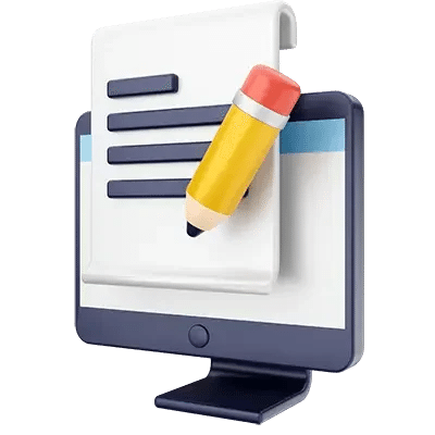A 3D illustration of a computer monitor displaying a document with horizontal lines and a large yellow pencil writing on the page.