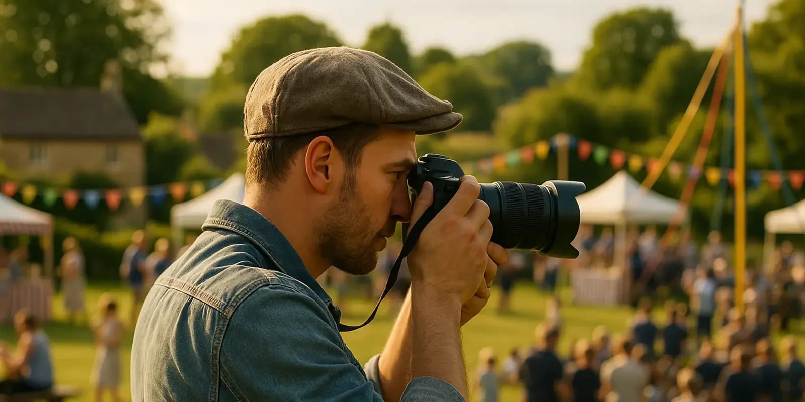 A man wearing a flat cap and denim shirt takes photos with a camera at an outdoor event, with colourful bunting, tents, and a crowd visible in the background on a sunny day.