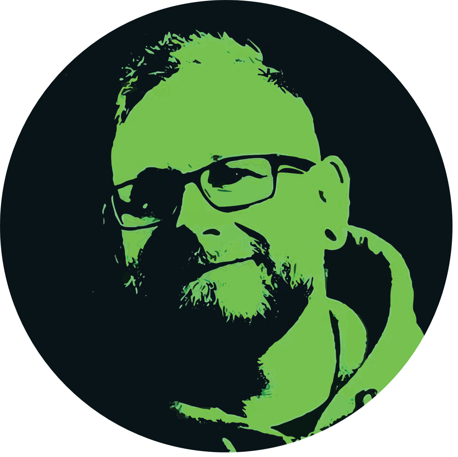 A stylised, green-tinted portrait of a person with glasses, a beard, and short hair, set against a dark background with colourful graphic lines in the lower right corner.