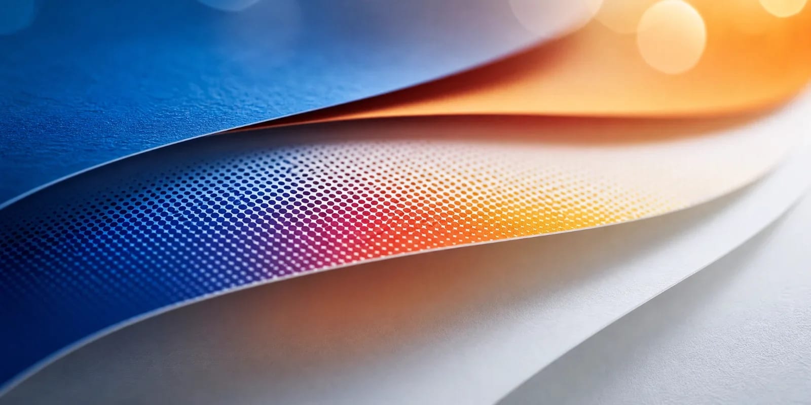 Curved, overlapping sheets of paper in blue, orange, and white with a dotted gradient pattern, creating an abstract, layered design. The lighting is soft, giving a smooth and colourful appearance.