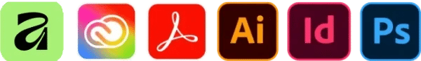 Six colourful app icons in a row: Adobe Express, Creative Cloud, Acrobat, Illustrator, InDesign, and Photoshop. Each icon features its distinct logo and background colour.